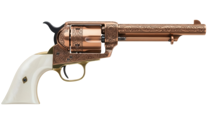 Isolated vintage engraved western six-shooter revolver on display, ivory handle, copper finish
