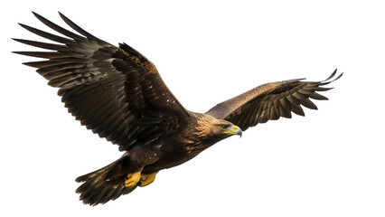 Obraz premium Isolated Golden Eagle soars through the air with wings spread, majestic predator, raptor in flight