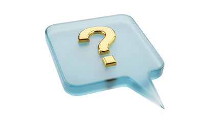 Isolated golden question mark in blue speech bubble, concept of decision making, asking questions