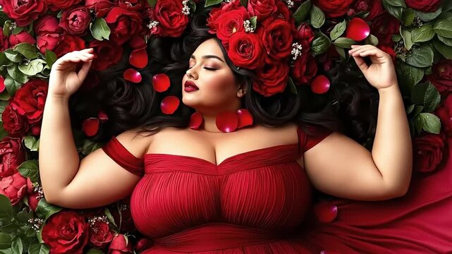 A woman in a red dress laying on a bed of red roses