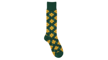 Isolated single long sock with argyle pattern in green and gold tones knitwear for casual wear
