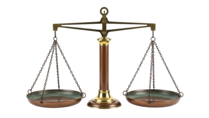 Isolated antique balance scale against a light background, fair judgment and law concept