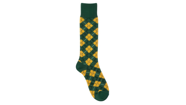 Isolated single long sock with argyle pattern in green and gold tones knitwear for casual wear