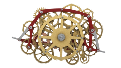 Isolated Mechanism of a complex brass clockwork in action with red bridge, intricate gears