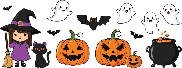 Obraz premium Cute Halloween Characters Vector Set with Witch Ghost Pumpkin Bat Cat and Cauldron Isolated Illustration