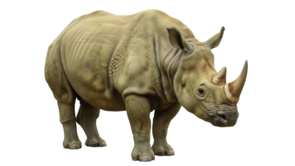 Isolated rhinoceros with powerful body and two horns, standing tall with an expression