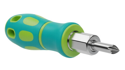 Isolated Phillips head screwdriver with a short shaft, teal and lime handle, tool repair