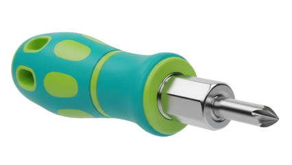 Isolated Phillips head screwdriver with a short shaft, teal and lime handle, tool repair