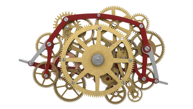 Isolated Mechanism of a complex brass clockwork in action with red bridge, intricate gears