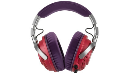 Isolated studio headphones in silver, purple, and red offer high-quality sound reproduction