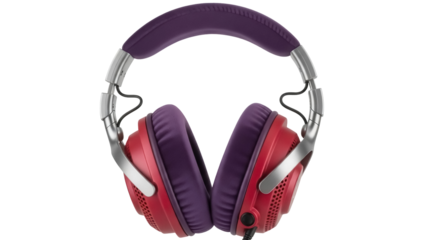 Isolated studio headphones in silver, purple, and red offer high-quality sound reproduction
