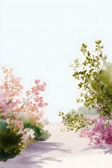 minimalist vector illustration of spring garden in Croatia, blooming shrubs and flowers, sunlight filtering through branches, gentle shadows, large empty sky area, watercolor vector texture