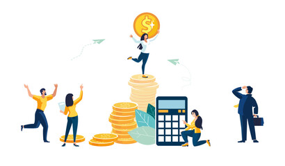 Financial presentation. Girl with dollar penny on stack of gold coins. Calculations on calculator of business income. People, wealth, Workers, businessman discuss finances. Vector illustrations