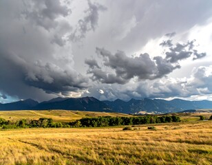 Vast landscape with a golden field, trees, distant mountains, and dramatic clouds