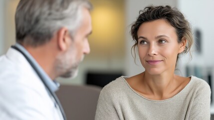 In a bright, welcoming healthcare office, a middle-aged woman engages in a thoughtful discussion with her attentive provider, sharing insights and receiving support over her health concerns