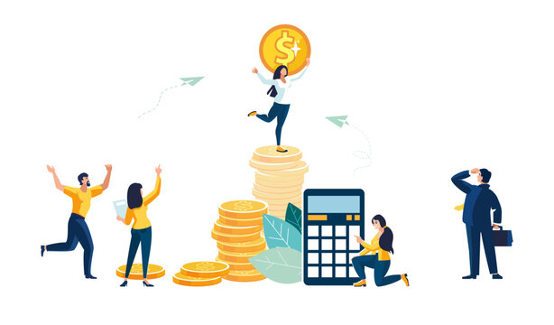 Financial presentation. Girl with dollar penny on stack of gold coins. Calculations on calculator of business income. People, wealth, Workers, businessman discuss finances. Vector illustrations