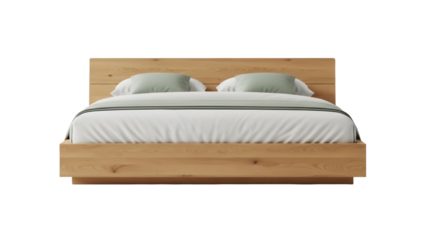 Isolated wooden bed with headboard and pillows for sleep and rest, furniture on display