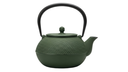 Isolated dark green cast iron teapot with round shape and short spout for tea service
