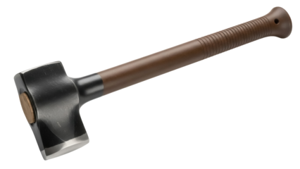 Isolated tool of splitting maul with wood handle, for chopping and splitting wood logs