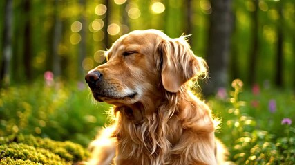 Golden Retriever enjoying a peaceful moment in a sun-dappled forest with eyes closed