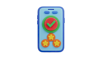 3D Mobile Phone with Checkmark and Flowers on transparent background