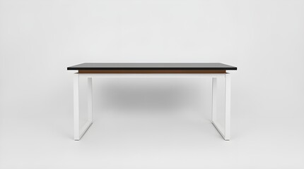 A rectangular table with a dark colored wooden top and white metal legs. The table appears stable, functional, and suitable for use as a desk, work table, or dining surface.