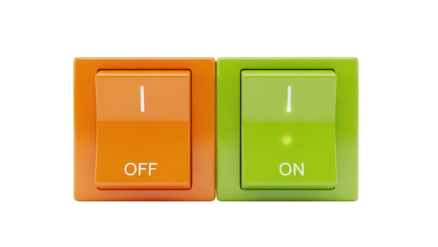 Isolated on off light switch, modern style. Green and orange rectangular buttons in simple style