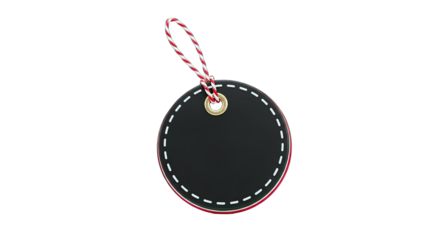 3D Round black tag with red white string and gold eyelet on transparent background