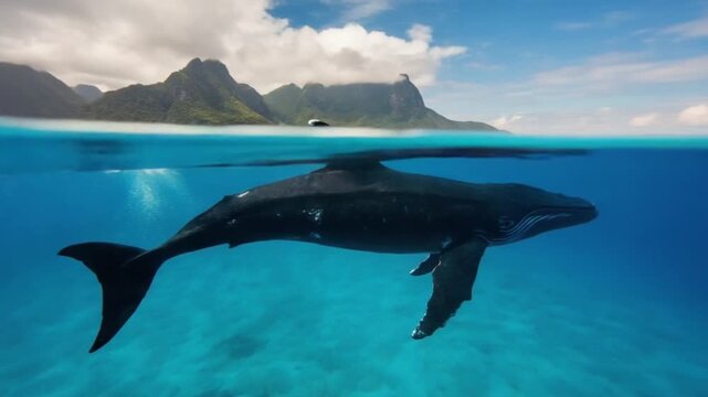 Split-level view of a humpback whale swimming in crystal clear turquoise water with tropical islands and mountains in the background.
