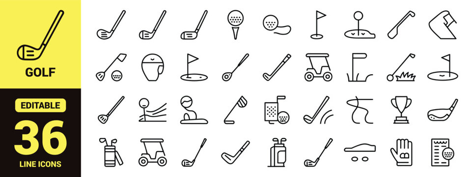 Professional Golf Equipment and Sports Line Icon Set with Golf Club, Ball, Tee, Flag, Cart, Course Map, and Athletic Shoe Vector Symbols