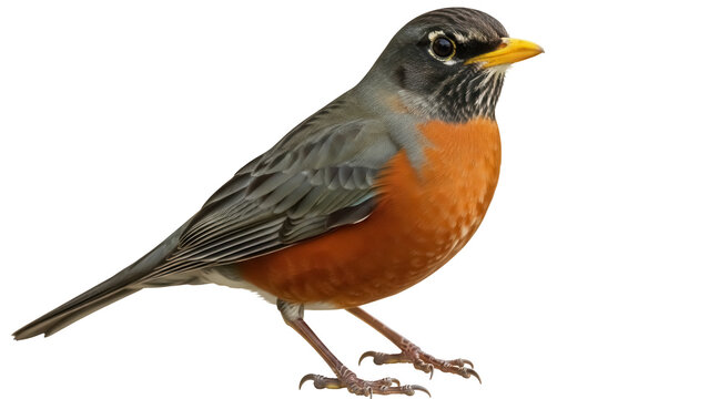 Isolated American robin bird looking forward on its perch outdoors in the daytime light