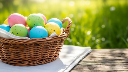 Vibrant speckled Easter eggs in a wicker basket on a rustic wooden table with a bright, sunny green spring background, perfect for holiday celebrations.