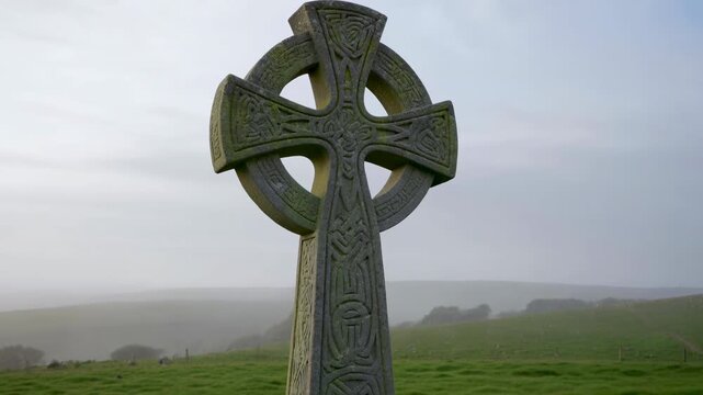 Ancient Cross Scene, Quiet Scene Of Old Celtic Cross On Misty Hilltop Overlooking Green Landscapes