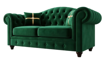 Isolated emerald velvet tufted Chesterfield sofa, classic English furniture style indoor