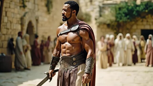 A shirtless man holding a sword in front of a group of people