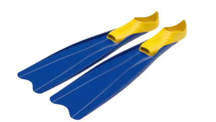 Isolated yellow and blue swimming fins, pair on neutral background, snorkeling gear equipment