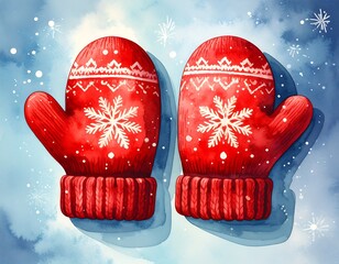 Watercolor illustration featuring a pair of red winter mittens