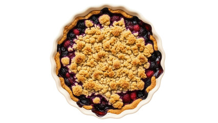 Isolated mixed-berry crumble pie with raspberries and blueberries in white scalloped dish