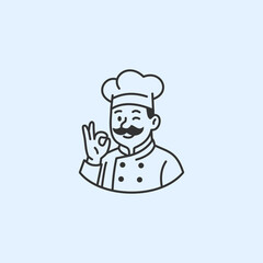 Friendly chef character illustration in clean line art style, isolated on light background, showing okay hand gesture