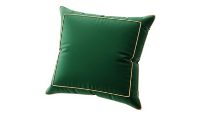 Isolated decorative green pillow, square shape and gold trim, modern home furnishing