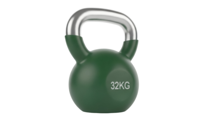 Isolated green kettlebell with silver handle for strength training; fitness and exercise equipment