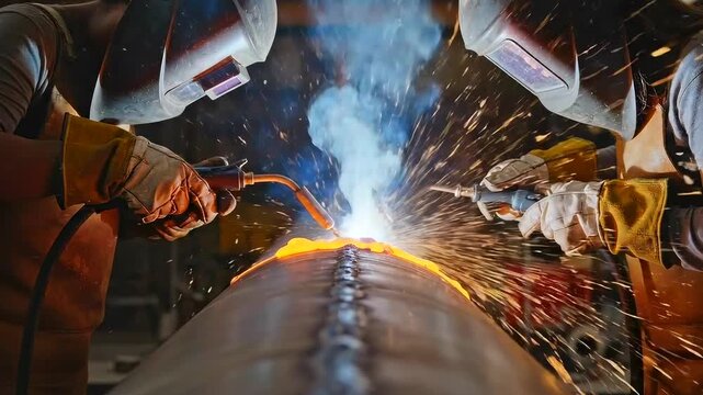 Metalworker during pipeline welding, Professional arc welder using protective gear, Expert metalworker performing large pipeline welding while ensuring protective safety procedures are followed