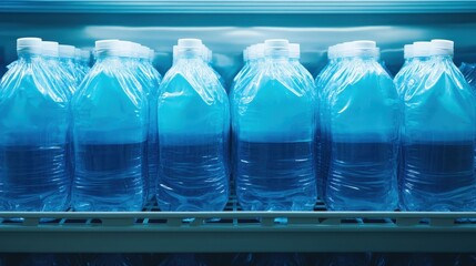 Rows of plastic bottles filled with clear blue drinking water displayed on a storage shelf ready for distribution