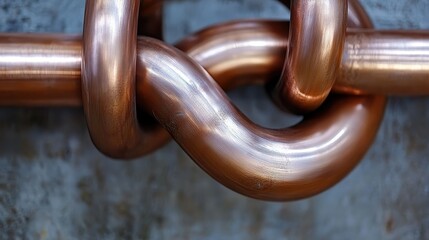 Close up of a sculptural formation of smooth interwoven copper tubes with a textured background