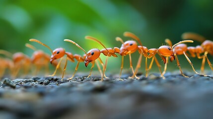 Fototapeta premium Close-up of vibrant red ants marching in a line on rough terrain