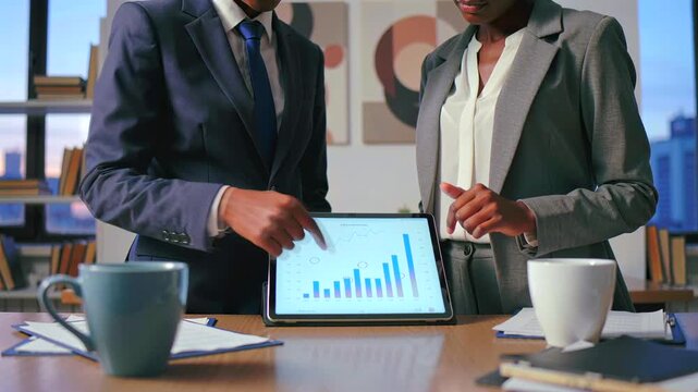 Experts analyze strategic information together, Business colleagues discuss important data on work desk surface, Two specialists analyze and interpret visual data during company strategy session colla