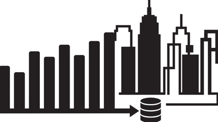 Obraz premium city skyline silhouette concept with bar chart data flow to database storage illustration