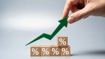 Hand placing green growth arrow on top of wooden percentage blocks isolated on transparent background PNG (सफलता की दिशा)