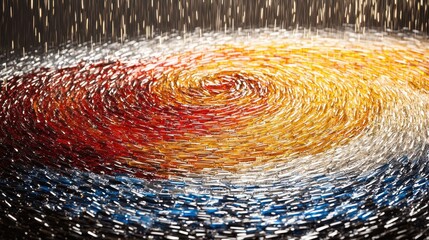 An intricate and vibrant glass tile mosaic in a swirling abstract pattern displaying a spectrum of colors from red and yellow to blue and white