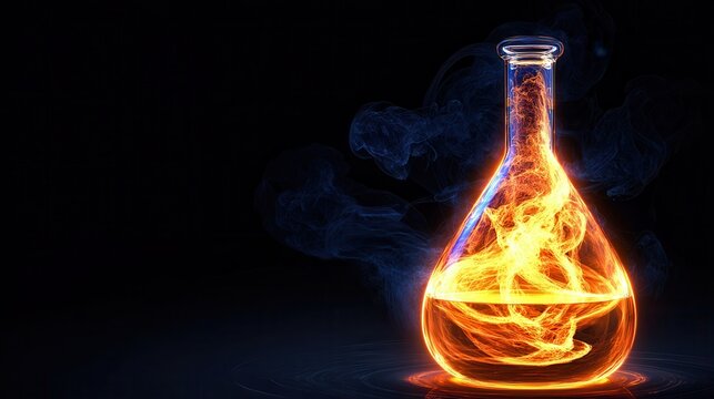 Amber liquid swirling and burning with bright orange flames within a clear glass laboratory flask on a dark background with blue smoke